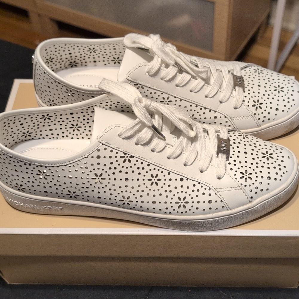 Michael Kors Floral Cutout White Sneakers - Picture 2 of 5